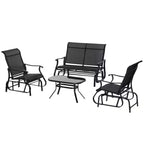 Ensemble de 4 pièces de mobilier d’extérieur Outsunny, avec banc coulissant de terrasse pour 2 personnes, fauteuil suspendu individuel et table basse en verre, noir