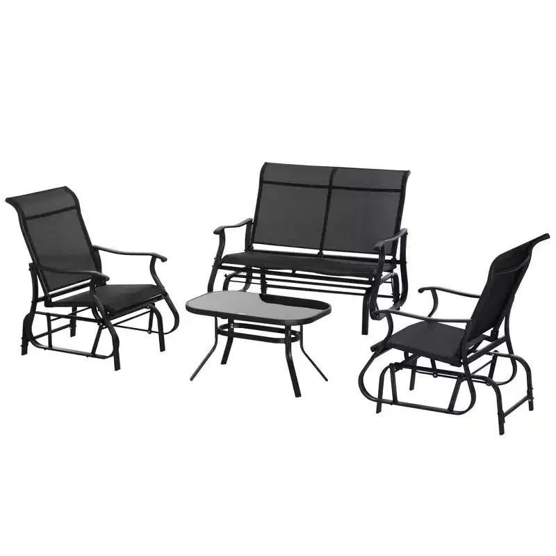 Ensemble de 4 pièces de mobilier d’extérieur Outsunny, avec banc coulissant de terrasse pour 2 personnes, fauteuil suspendu individuel et table basse en verre, noir