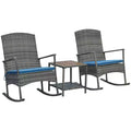 Outsunny 3 Pieces Outdoor PE Rattan Rocking Chair Set, Patio Wicker Recliner Rocker Chair with Soft Cushion & Nature Wood Top Coffee Table, for Garden Backyard Porch