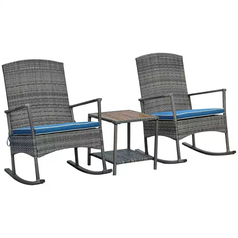 Outsunny 3 Pieces Outdoor PE Rattan Rocking Chair Set, Patio Wicker Recliner Rocker Chair with Soft Cushion & Nature Wood Top Coffee Table, for Garden Backyard Porch