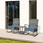 Outsunny Ensemble de 3 fauteuils à bascule d’extérieur en rotin PE, fauteuils inclinables à bascule en résine tressée avec coussin moelleux et table basse avec plateau en bois naturel, pour jardin, arrière-cour et véranda