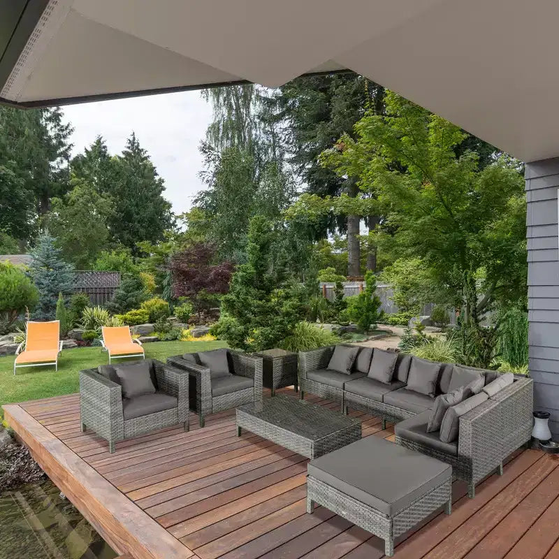 Outsunny Ensemble de mobilier de jardin d’extérieur 9 pièces en résine tressée et rotin, avec canapé d’angle de conversation au design moderne, coussins épais et moelleux, repose-pieds et table à thé