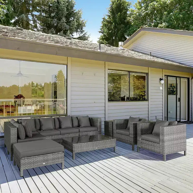Outsunny Ensemble de mobilier de jardin d’extérieur 9 pièces en résine tressée et rotin, avec canapé d’angle de conversation au design moderne, coussins épais et moelleux, repose-pieds et table à thé