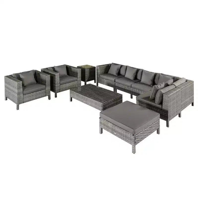 Outsunny Ensemble de mobilier de jardin d’extérieur 9 pièces en résine tressée et rotin, avec canapé d’angle de conversation au design moderne, coussins épais et moelleux, repose-pieds et table à thé