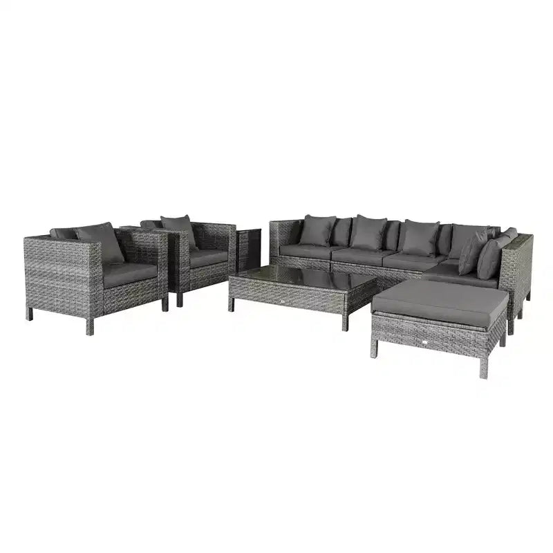Outsunny Ensemble de mobilier de jardin d’extérieur 9 pièces en résine tressée et rotin, avec canapé d’angle de conversation au design moderne, coussins épais et moelleux, repose-pieds et table à thé