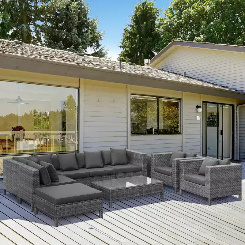 Outsunny Ensemble de mobilier de jardin d’extérieur 9 pièces en résine tressée et rotin, avec canapé d’angle de conversation au design moderne, coussins épais et moelleux, repose-pieds et table à thé