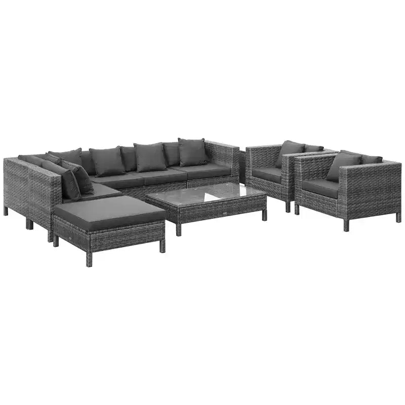Outsunny Ensemble de mobilier de jardin d’extérieur 9 pièces en résine tressée et rotin, avec canapé d’angle de conversation au design moderne, coussins épais et moelleux, repose-pieds et table à thé