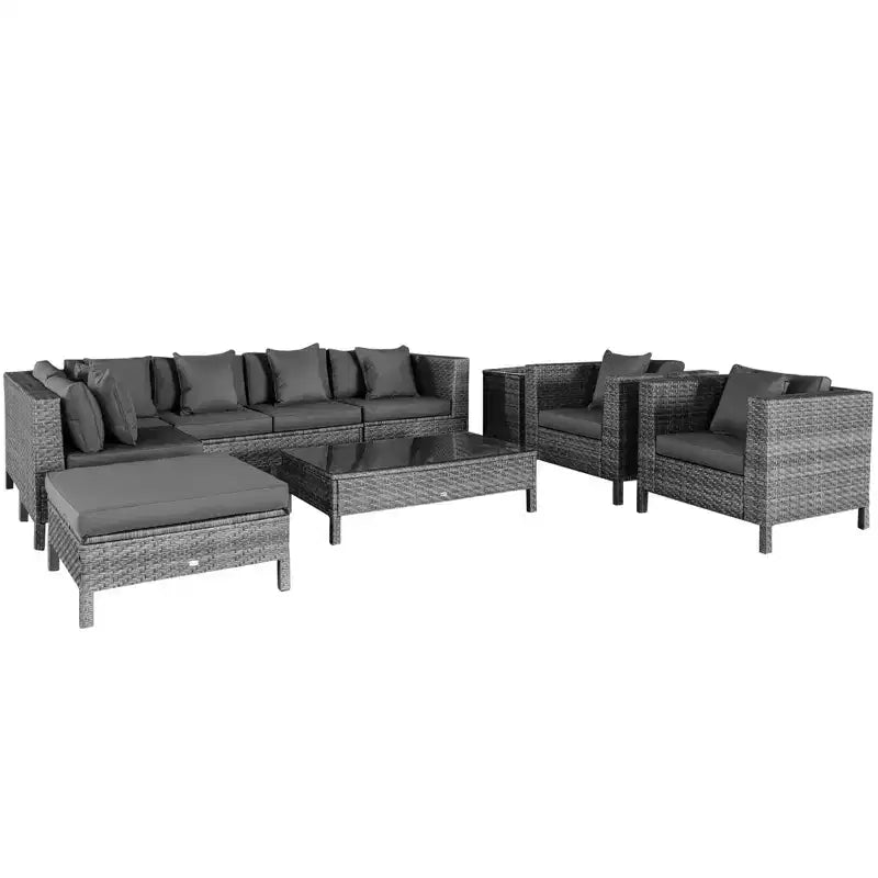 Outsunny 9-Piece Rattan Wicker Outdoor Patio Sectional Furniture Conversation Set with Modern Design, Thick Soft Cushions, Footstool & Tea Table