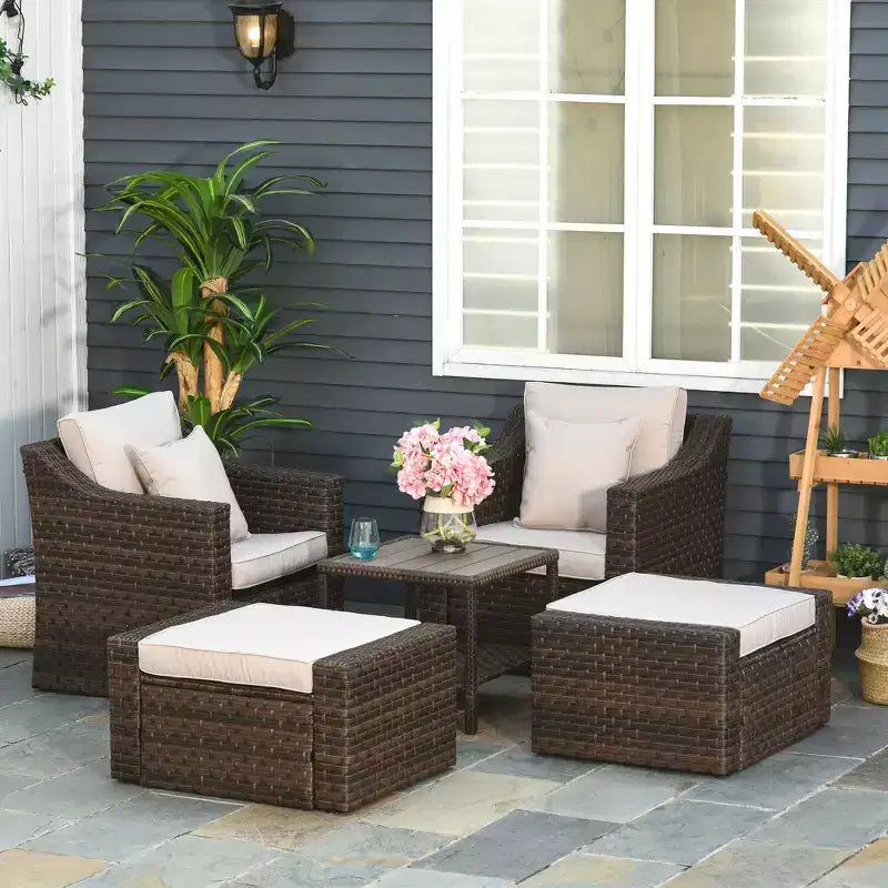 Ensemble de mobilier de terrasse Outsunny de 5 pièces, ensemble de fauteuils de conversation et pouf en rotin PE toutes saisons, avec table, coussins et oreillers inclus