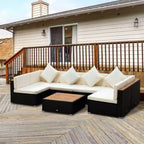 Ensemble de canapé d’extérieur Outsunny de 7 pièces en rotin tressé, mobilier modulaire de terrasse en rotin PE avec table basse à plateau en acacia, coussin pour le jardin et la cour