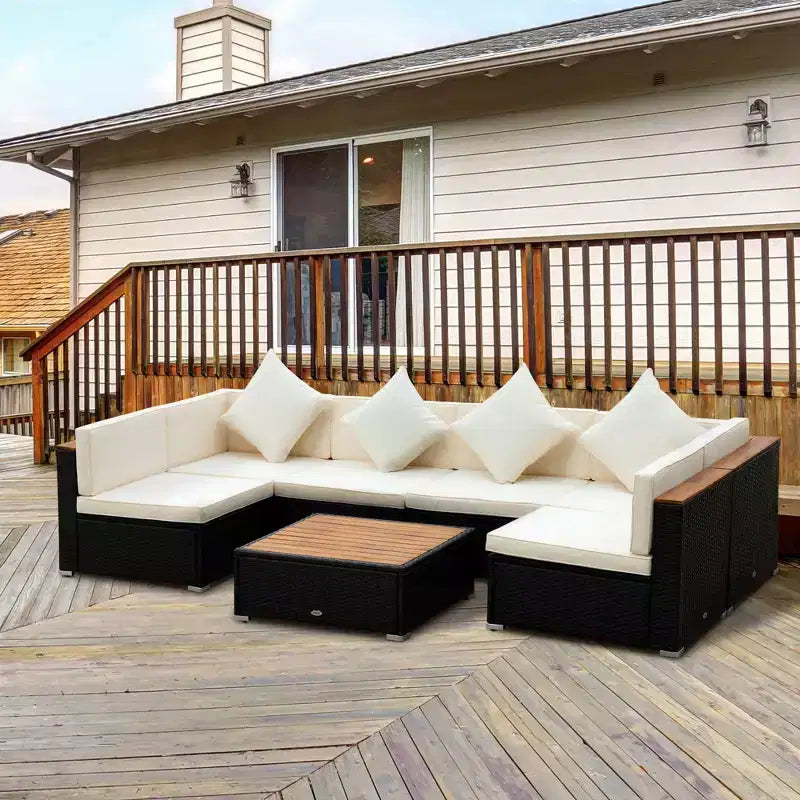 Ensemble de canapé d’extérieur Outsunny de 7 pièces en rotin tressé, mobilier modulaire de terrasse en rotin PE avec table basse à plateau en acacia, coussin pour le jardin et la cour