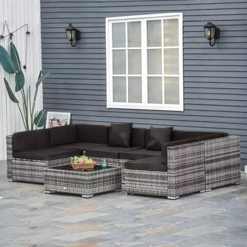 Ensemble de mobilier de jardin d’extérieur Outsunny de 7 pièces en rotin tressé moderne, idéal pour le jardin, la terrasse et la cour