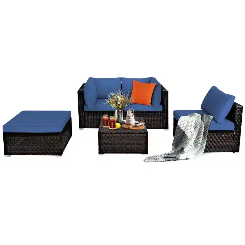 Costway 5PCS Patio Rattan Furniture Set Sectional Conversation Set Ottoman Table Navy