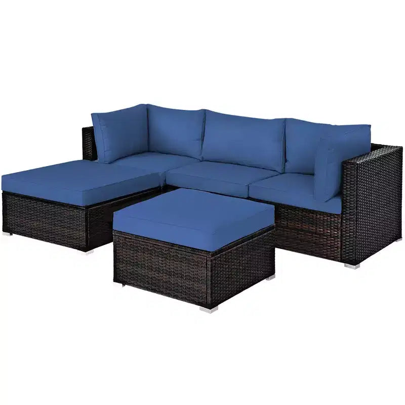 Costway 5-teiliges Patio-Rattanmöbelset, modulare Sitzgruppe mit Hocker und Tisch, marineblau