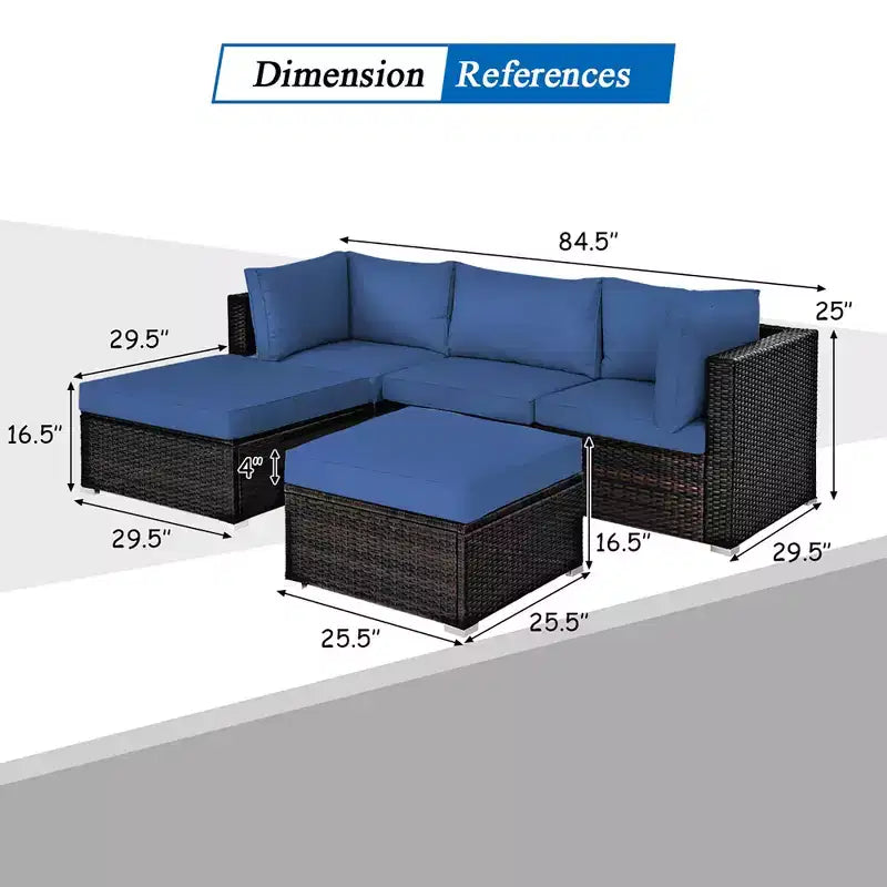Costway 5-teiliges Patio-Rattanmöbelset, modulare Sitzgruppe mit Hocker und Tisch, marineblau