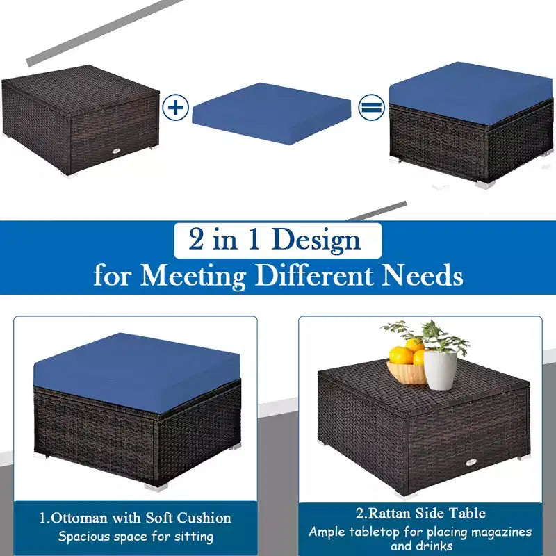 Costway 5-teiliges Patio-Rattanmöbelset, modulare Sitzgruppe mit Hocker und Tisch, marineblau