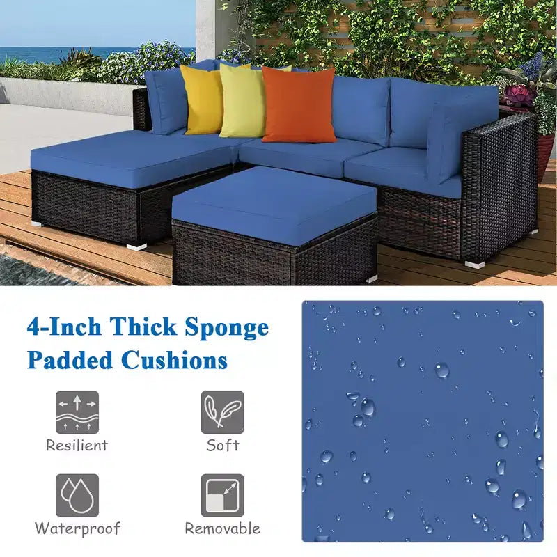 Costway 5-teiliges Patio-Rattanmöbelset, modulare Sitzgruppe mit Hocker und Tisch, marineblau