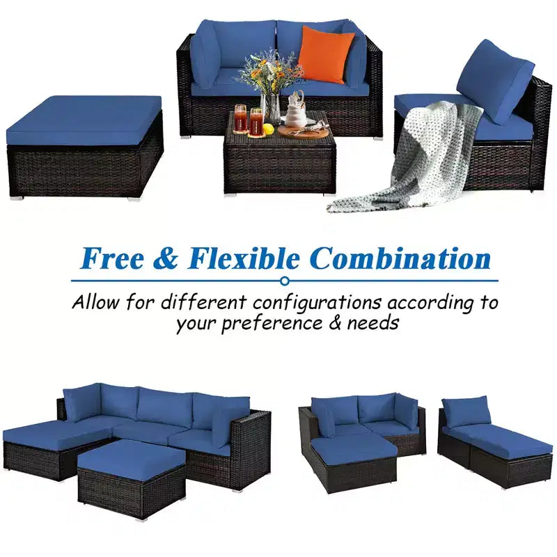 Costway 5-teiliges Patio-Rattanmöbelset, modulare Sitzgruppe mit Hocker und Tisch, marineblau