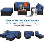 Costway 5-teiliges Patio-Rattanmöbelset, modulare Sitzgruppe mit Hocker und Tisch, marineblau