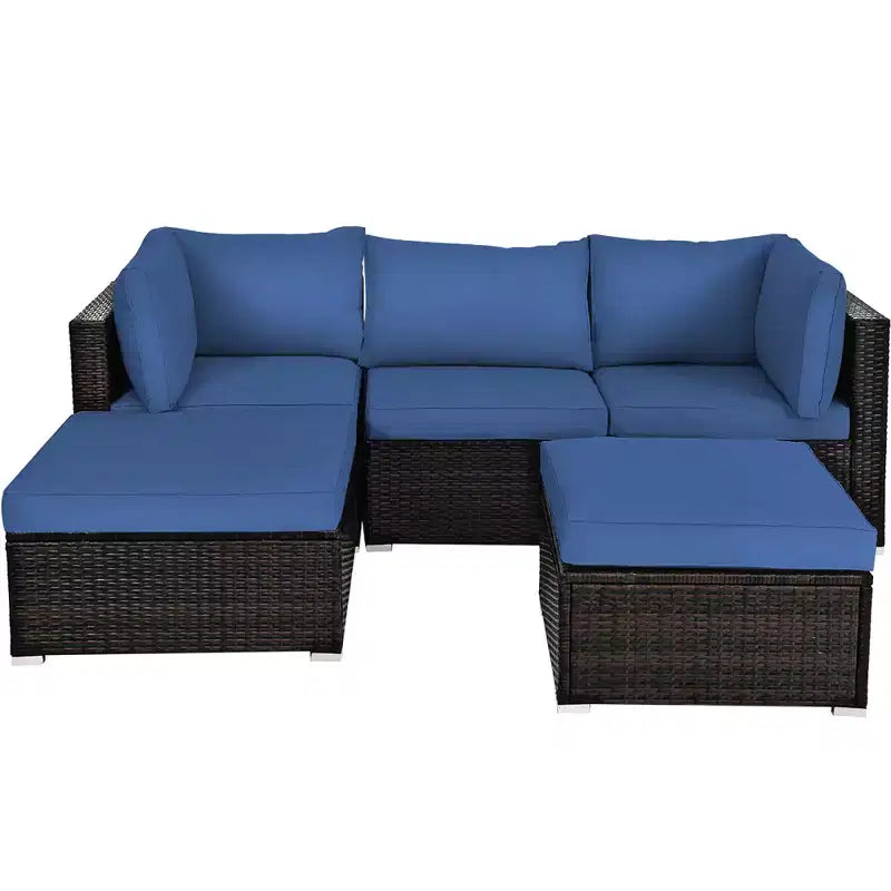 Costway 5-teiliges Patio-Rattanmöbelset, modulare Sitzgruppe mit Hocker und Tisch, marineblau