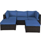 Costway 5-teiliges Patio-Rattanmöbelset, modulare Sitzgruppe mit Hocker und Tisch, marineblau