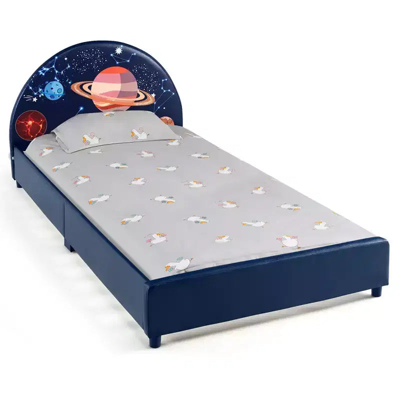 Costway Kids Upholstered Platform Bed Children Twin Size Wooden Bed Galaxy Pattern