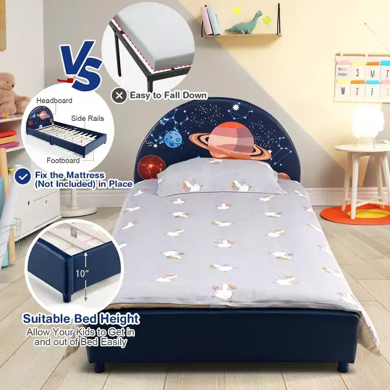 Costway Kids Upholstered Platform Bed Children Twin Size Wooden Bed Galaxy Pattern