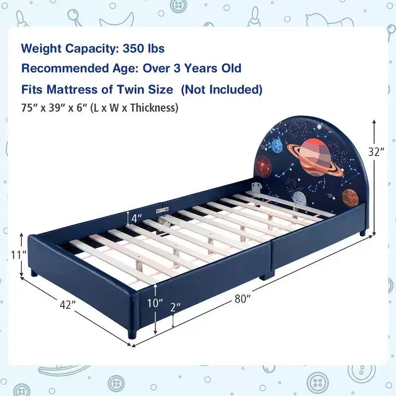 Costway Kids Upholstered Platform Bed Children Twin Size Wooden Bed Galaxy Pattern