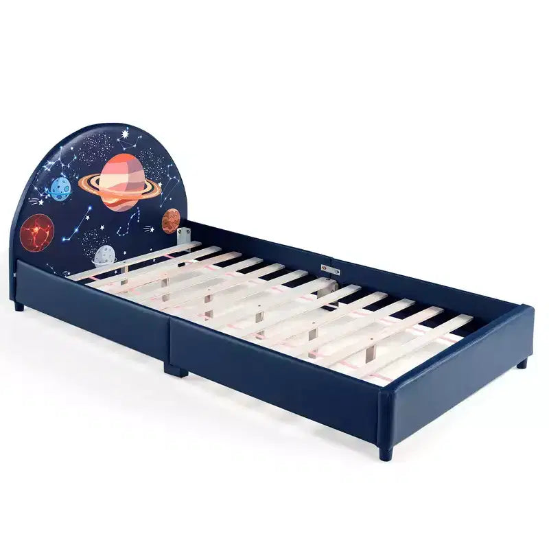 Costway Kids Upholstered Platform Bed Children Twin Size Wooden Bed Galaxy Pattern