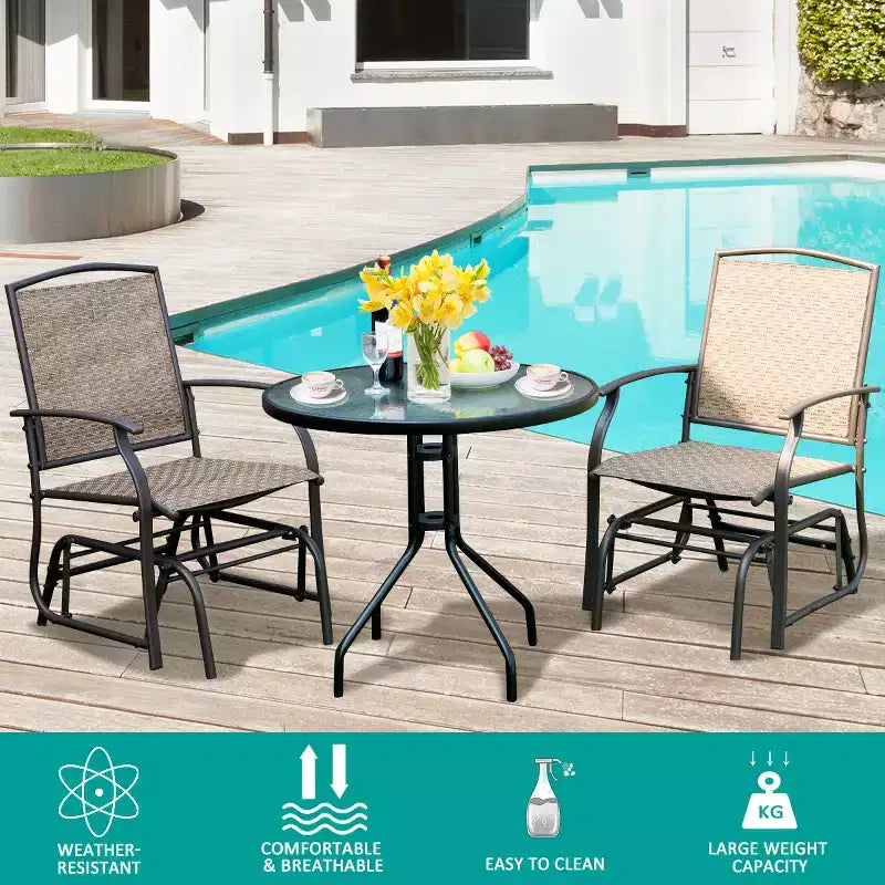 Ensemble de mobilier de patio bistro Costway, 3 pièces, fauteuil à bascule et table en verre