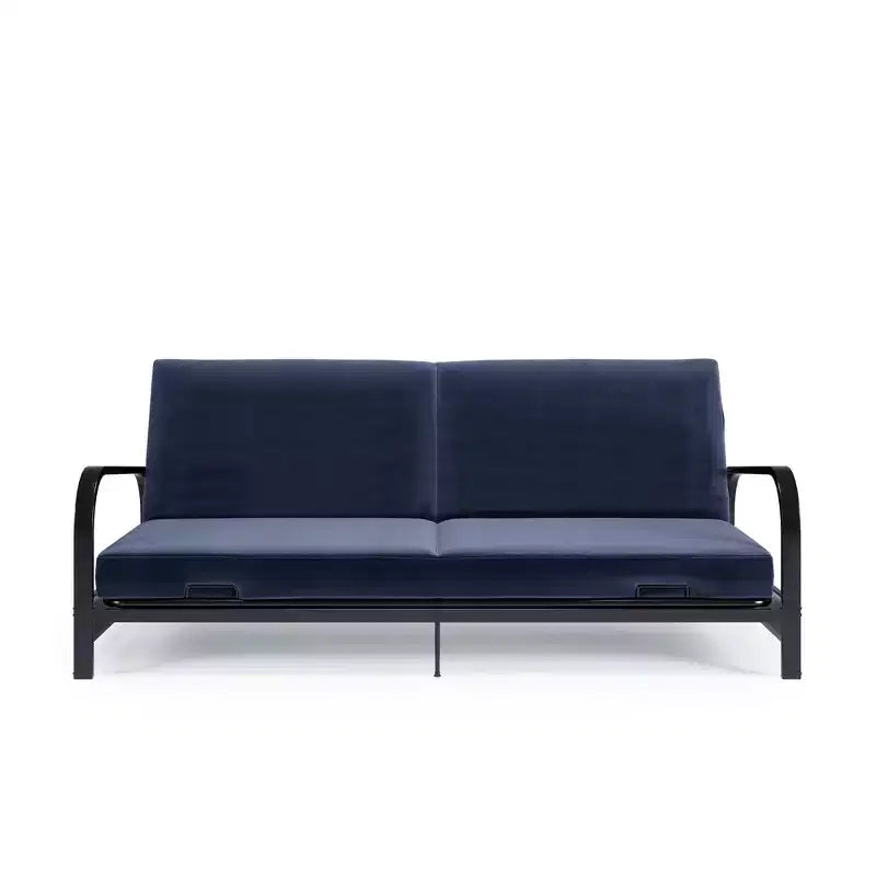RealRooms Karli Black Metal Arm Futon Frame with 6 Blue Mattress and extra Black Slipcover