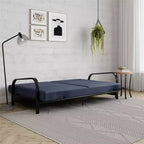 RealRooms Karli Black Metal Arm Futon Frame with 6 Blue Mattress and extra Black Slipcover