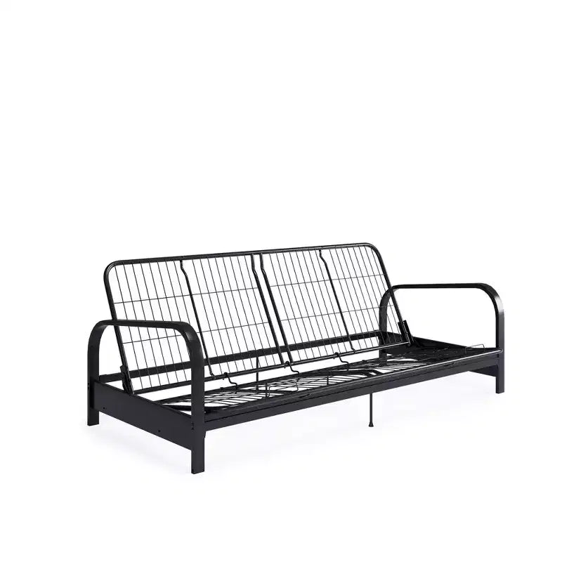 RealRooms Karli Black Metal Arm Futon Frame with 6 Blue Mattress and extra Black Slipcover