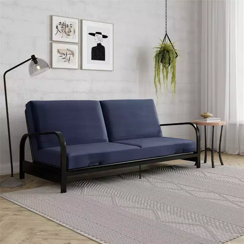 RealRooms Karli Black Metal Arm Futon Frame with 6 Blue Mattress and extra Black Slipcover