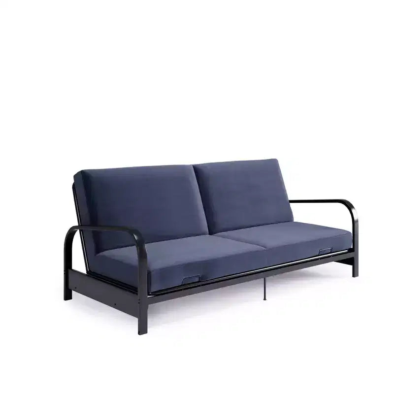 RealRooms Karli Black Metal Arm Futon Frame with 6 Blue Mattress and extra Black Slipcover