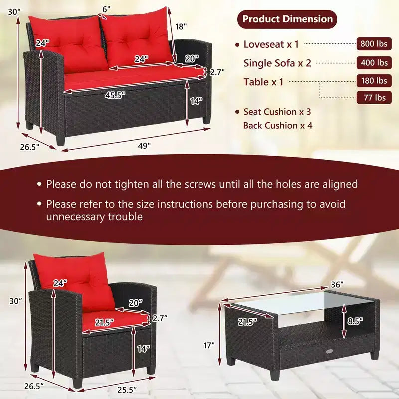 Costway 8 részes teraszrattan-bútor-garnitúra üvegasztallal, polccal és kanapépárnákkal, fekete/piros/türkiz/tengerészkék/szürke