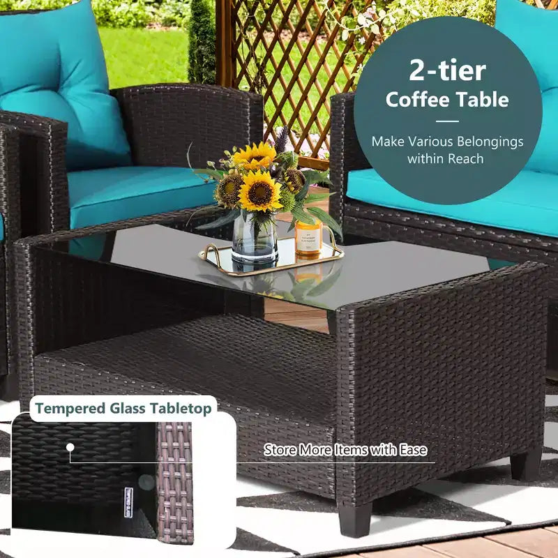 Costway 8 részes teraszrattan-bútor-garnitúra üvegasztallal, polccal és kanapépárnákkal, fekete/piros/türkiz/tengerészkék/szürke