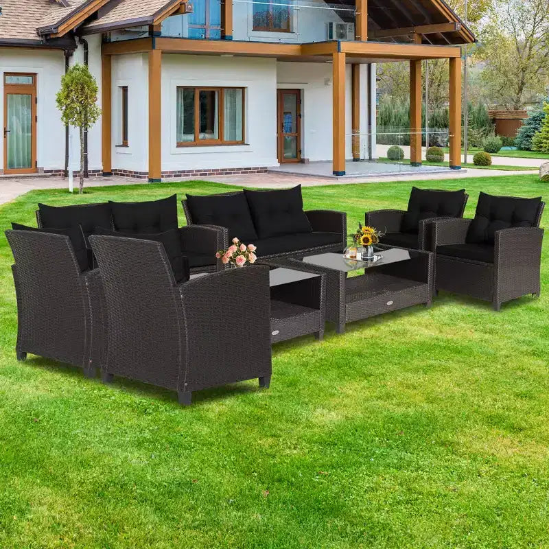 Costway 8 PCS Patio Rattan Furniture Set Glass Table Shelf Sofa Cushion Black/Red/Turquoise/Navy/Gray