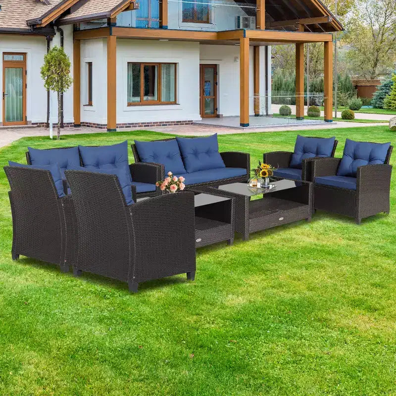Set di mobili da giardino in rattan da 8 pezzi Costway, tavolo con ripiano in vetro, divano con cuscini, nero/rosso/turchese/blu navy/grigio