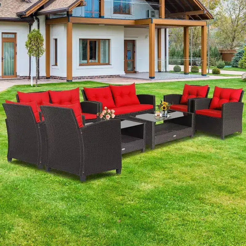 Set di mobili da giardino in rattan da 8 pezzi Costway, tavolo con ripiano in vetro, divano con cuscini, nero/rosso/turchese/blu navy/grigio