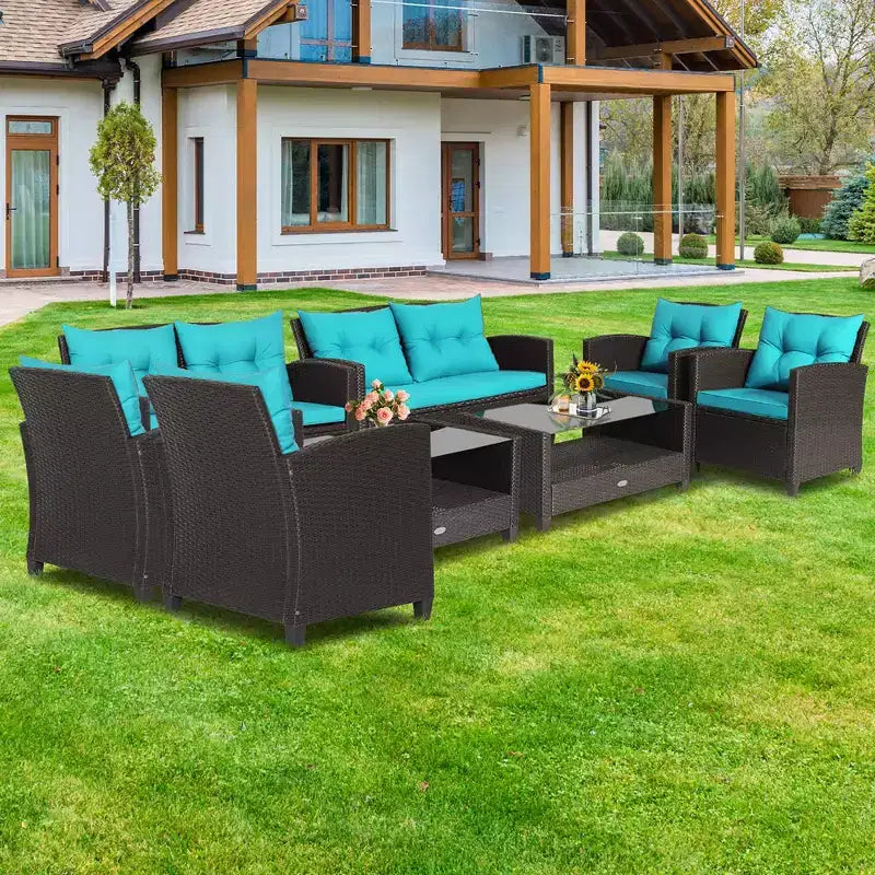 Set di mobili da giardino in rattan da 8 pezzi Costway, tavolo con ripiano in vetro, divano con cuscini, nero/rosso/turchese/blu navy/grigio