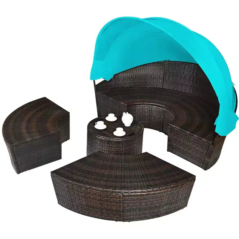 Costway Rattan-Tagesbett für die Terrasse mit Polsterung, verstellbarer Tischplatte und Sonnendach