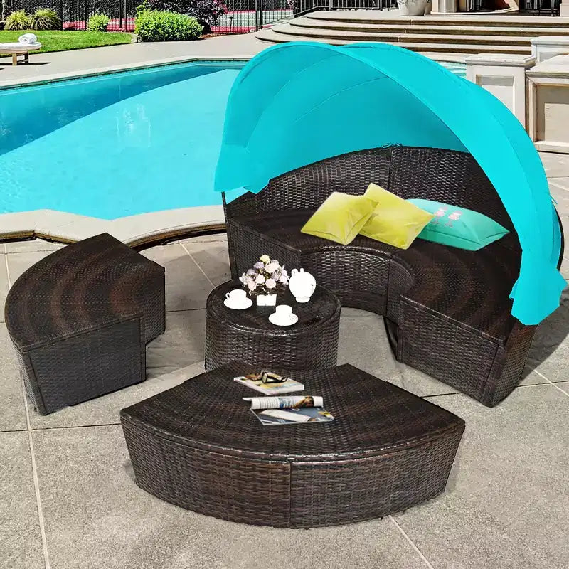 Costway Rattan-Tagesbett für die Terrasse mit Polsterung, verstellbarer Tischplatte und Sonnendach