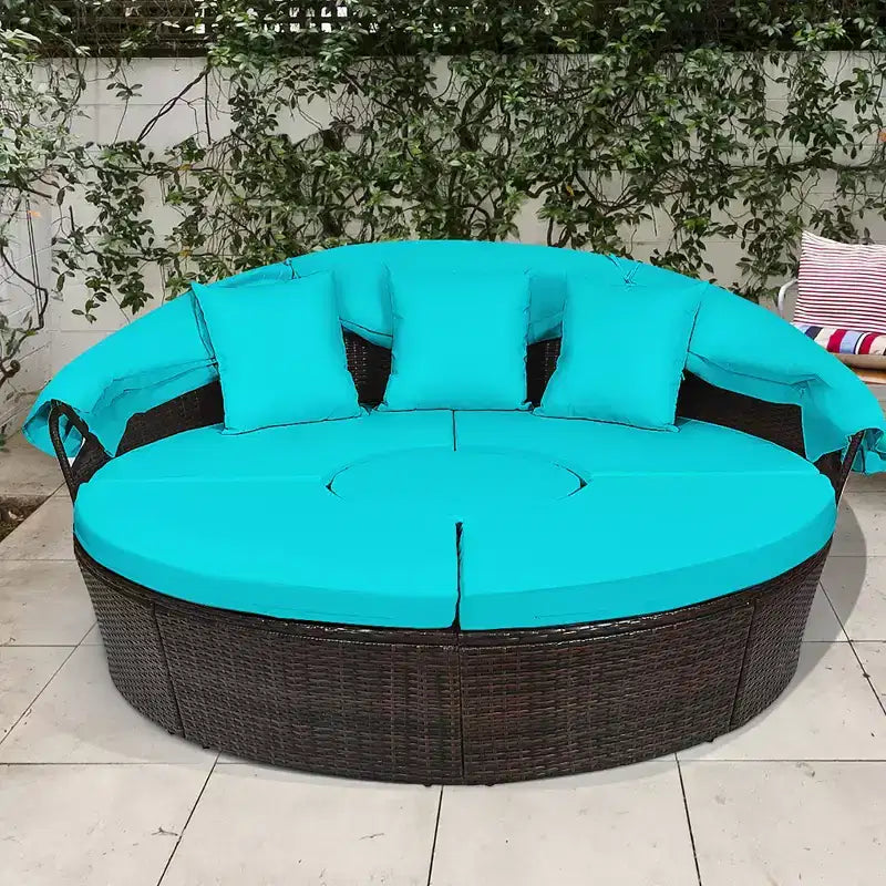 Costway Rattan-Tagesbett für die Terrasse mit Polsterung, verstellbarer Tischplatte und Sonnendach