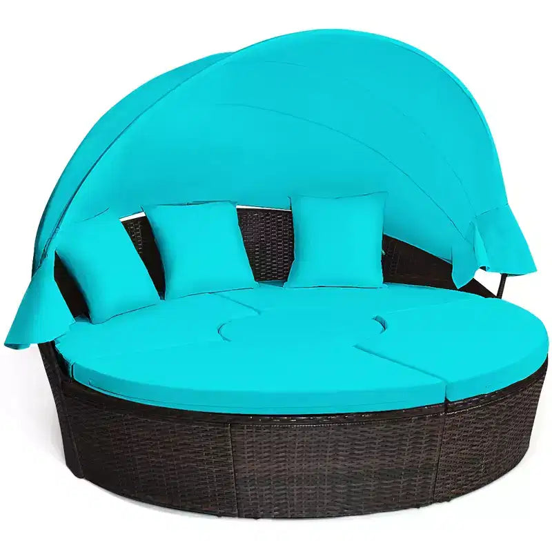 Costway Rattan-Tagesbett für die Terrasse mit Polsterung, verstellbarer Tischplatte und Sonnendach
