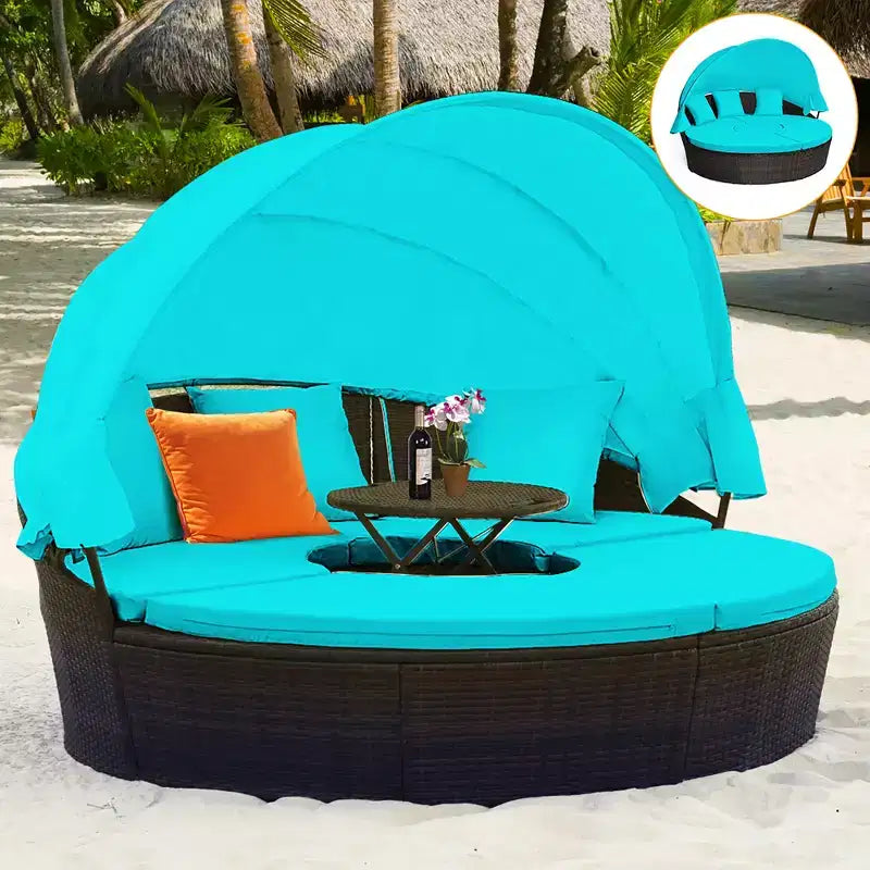 Costway Rattan-Tagesbett für die Terrasse mit Polsterung, verstellbarer Tischplatte und Sonnendach