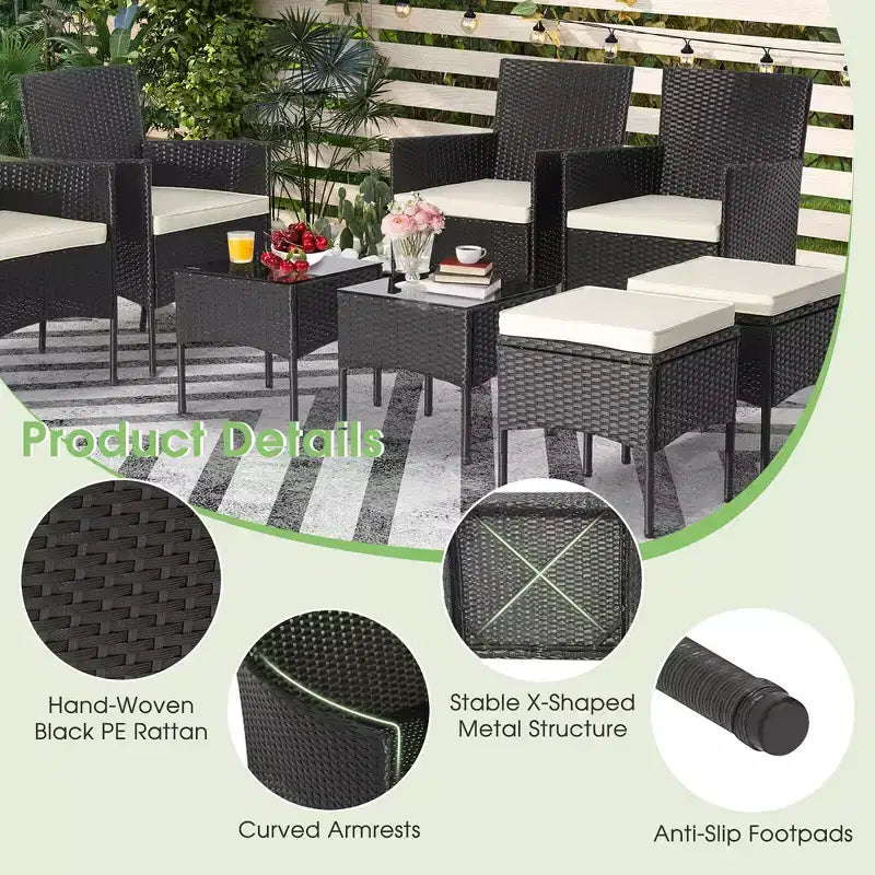 Costway 8 darabos teraszi rattan bútorszett kanapékkal, puffokkal, párnázott asztallal, szabadon kombinálható