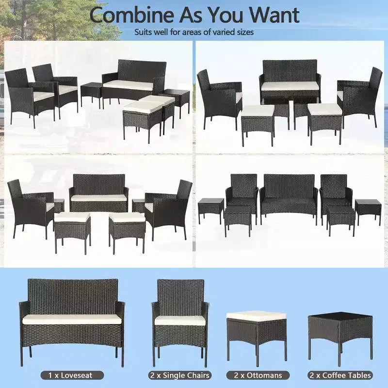 Costway 7 darabos teraszi rattan kanapégarnitúra asztallal, puffal, fémvázzal és párnázással, kültéri használatra, medence mellé