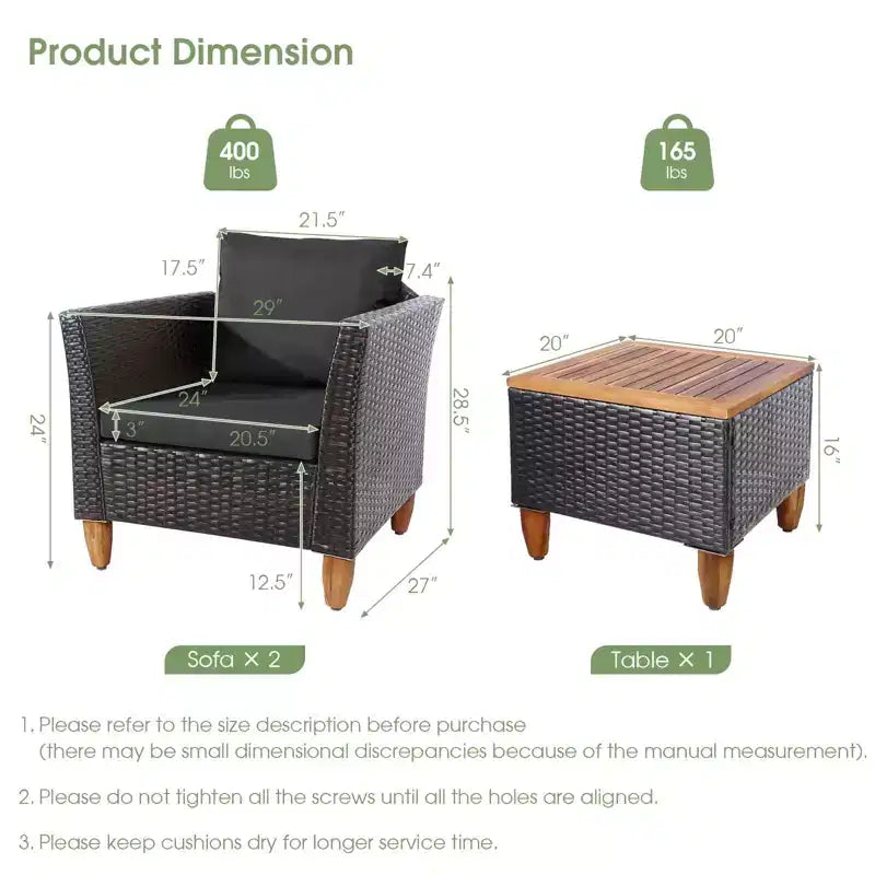 Ensemble de canapé de terrasse en rotin tressé Costway 3 pièces, mobilier d’extérieur en acacia pour conversations