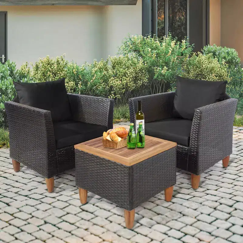 Ensemble de canapé de terrasse en rotin tressé Costway 3 pièces, mobilier d’extérieur en acacia pour conversations
